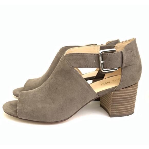 Nine West Shoes - NINE WEST Groovy Go Suede Block Heels Cutout & Buckle Gray Taupe Greige Size 8